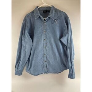 Outrageous Sports Chambray  Shirt Women's Size Large Blue Long Sleeve Button Up
